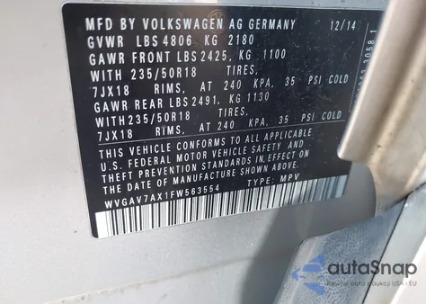 2015 Volkswagen Tiguan Se from USA, damaged, VIN WVGAV7AX1FW563554